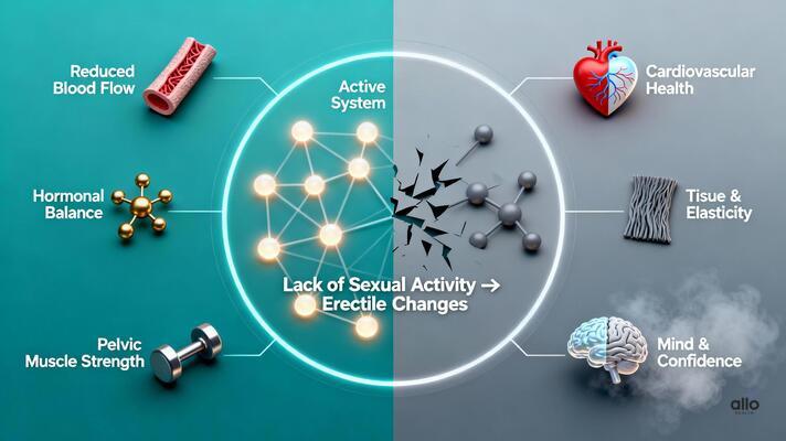 A 3D medical infographic explaining how lack of sex can cause ED, showing factors like blood flow, cardiovascular health, hormones, tissue elasticity, pelvic muscles, and mind–body connection.