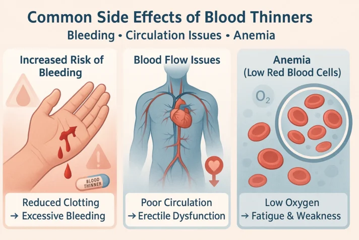 Blood Thinners and Erectile Dysfunction: Side Effects Explained 3 Semi-realistic medical infographic showing three common side effects of blood thinners — increased bleeding, poor blood flow to the penis, and anemia affecting energy and sexual function.