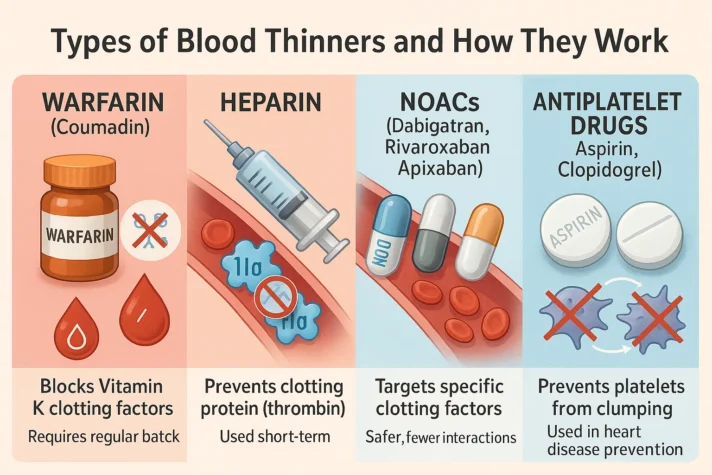 Blood Thinners and Erectile Dysfunction: Side Effects Explained 4 Semi-realistic infographic showing four main types of blood thinners — Warfarin, Heparin, NOACs, and Antiplatelet Drugs — with visuals of how each prevents blood clots and their key differences.