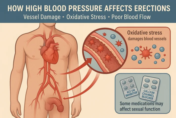 Blood Thinners and Erectile Dysfunction: Side Effects Explained 5 Semi-realistic medical infographic showing how high blood pressure damages blood vessels through oxidative stress, reducing blood flow to the penis and contributing to erectile dysfunction.