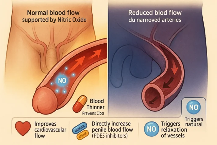 Blood Thinners and Erectile Dysfunction: Side Effects Explained 6 Semi-realistic medical infographic showing how nitric oxide and healthy blood flow support erections, how blood thinners indirectly help by preventing clots, and how PDE5 inhibitors like Viagra and Cialis directly improve penile blood flow.