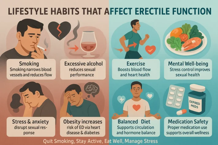 Blood Thinners and Erectile Dysfunction: Side Effects Explained 7 Semi-realistic wellness infographic showing lifestyle factors that impact erectile dysfunction, including smoking, alcohol, obesity, stress, and lack of exercise, with visuals of healthier habits that improve blood flow and sexual health.