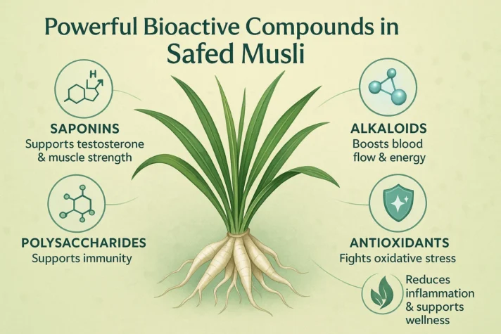 Safed Musli for Erectile Dysfunction: Benefits and Uses in Sexual Health 2 Infographic showing the bioactive compounds in Safed Musli (Chlorophytum borivilianum). The plant is illustrated at the center with green leaves and white roots. Surrounding icons represent key compounds: Saponins (supports testosterone and muscle strength), Alkaloids (boosts blood flow and energy), Polysaccharides (supports immunity), Antioxidants (fight oxidative stress), and Anti-inflammatory compounds (reduce inflammation and support wellness).