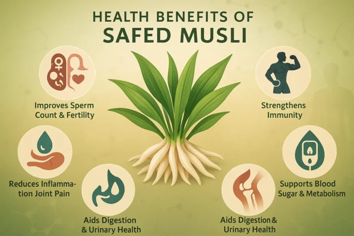 Safed Musli for Erectile Dysfunction: Benefits and Uses in Sexual Health 3 Infographic showing the health benefits of Safed Musli (Chlorophytum borivilianum). The plant is illustrated at the center with green leaves and white roots. Surrounding icons highlight key benefits: improves sperm count and fertility, strengthens immunity, supports blood sugar and metabolism, aids digestion and urinary health, and reduces inflammation and joint pain. The design uses earthy green and beige tones for an Ayurvedic look.