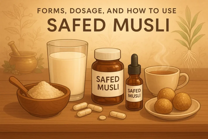 Safed Musli for Erectile Dysfunction: Benefits and Uses in Sexual Health 4 Illustration showing various forms and uses of Safed Musli. Items displayed include Safed Musli powder in a bowl, capsules, a glass of milk, labeled bottles of Safed Musli supplements and extracts, a cup of herbal tea, and traditional laddoos on a plate. The background features an Ayurvedic theme with a plant illustration and a mortar and pestle, symbolizing natural remedies.