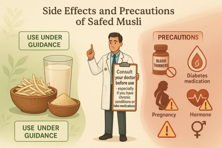 Safed Musli for Erectile Dysfunction: Benefits and Uses in Sexual Health 5 Infographic showing the side effects and precautions of Safed Musli. A doctor illustration holds a clipboard that says, “Consult your doctor before use — especially if you have chronic conditions or take medications.” On the left, bowls of Safed Musli powder and roots with a glass of milk are labeled “Use Under Guidance.” On the right, precaution icons highlight potential risks with blood thinners, diabetes medications, hormone-related conditions, and pregnancy. The background uses soft green and beige tones for an Ayurvedic theme.