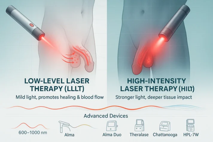 Laser Treatment for Erectile Dysfunction: Benefits and Risks 1 Infographic comparing Low-Level Laser Therapy (LLLT) and High-Intensity Laser Therapy (HILT) for erectile dysfunction. The left side shows mild red light promoting healing and blood flow, while the right side shows stronger laser light with deeper tissue impact. Includes icons of advanced devices like Alma, Alma Duo, Theralase, Chattanooga, and HPL-7W, with wavelength range 600–1000 nm highlighted at the bottom.