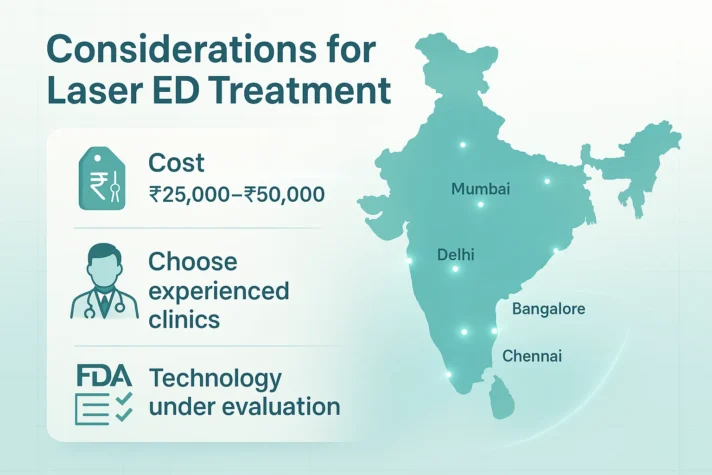 Laser Treatment for Erectile Dysfunction: Benefits and Risks 2 Infographic showing the key considerations for laser treatment for erectile dysfunction in India. Includes a highlighted map of India with major cities like Mumbai, Delhi, and Bangalore marked for clinic availability, icons representing treatment cost (₹25,000–₹50,000), experienced doctors, and FDA evaluation. The design uses a clean teal-and-white background with medical-style graphics to convey accessibility, affordability, and safety of laser therapy for erectile dysfunction.