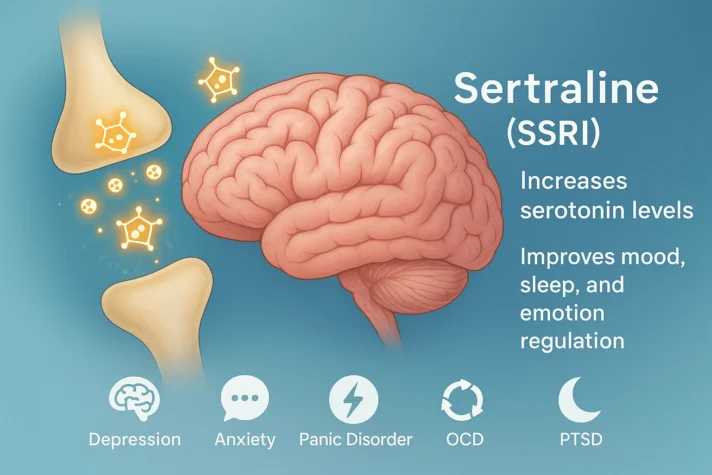 Sertraline and Erectile Dysfunction: Causes, Effects, and Practical Solutions 2 Illustration showing how sertraline (an SSRI antidepressant) increases serotonin levels in the brain. The image features a brain and nerve synapses releasing glowing serotonin molecules, with text explaining that sertraline improves mood, sleep, and emotion regulation. Icons below represent conditions it treats — depression, anxiety, panic disorder, OCD, and PTSD.