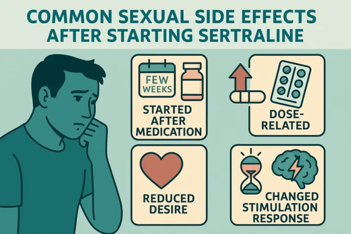 Sertraline and Erectile Dysfunction: Causes, Effects, and Practical Solutions 3 Infographic titled “Common Sexual Side Effects After Starting Sertraline” showing a worried man and four illustrated boxes. The visuals highlight key effects: symptoms starting a few weeks after medication, dose-related impact, reduced sexual desire, and changed stimulation response. The design uses teal and beige tones to explain how sertraline can cause sexual side effects like erectile dysfunction or low libido.
