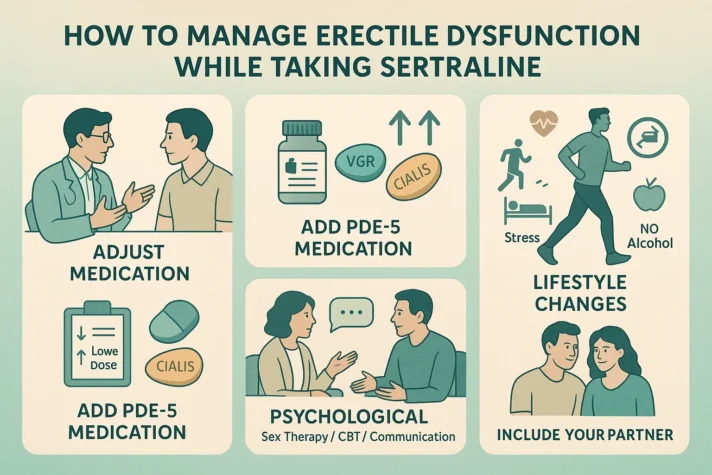 Sertraline and Erectile Dysfunction: Causes, Effects, and Practical Solutions 4 Infographic titled “How to Manage Erectile Dysfunction While Taking Sertraline,” showing five strategies: adjusting medication with a doctor, adding PDE-5 medications like Viagra or Cialis, making lifestyle changes such as reducing stress, exercising, and avoiding alcohol, seeking psychological support through therapy or communication, and including your partner for emotional support. The design uses teal and beige tones with clear medical illustrations.