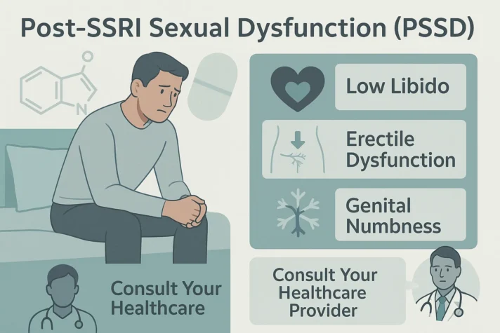 Sertraline and Erectile Dysfunction: Causes, Effects, and Practical Solutions 5 Infographic explaining Post-SSRI Sexual Dysfunction (PSSD) featuring a man sitting on a bed looking concerned. Symptoms listed include low libido, erectile dysfunction, and genital numbness. The image highlights the importance of consulting a healthcare provider for persistent sexual problems after stopping SSRIs.