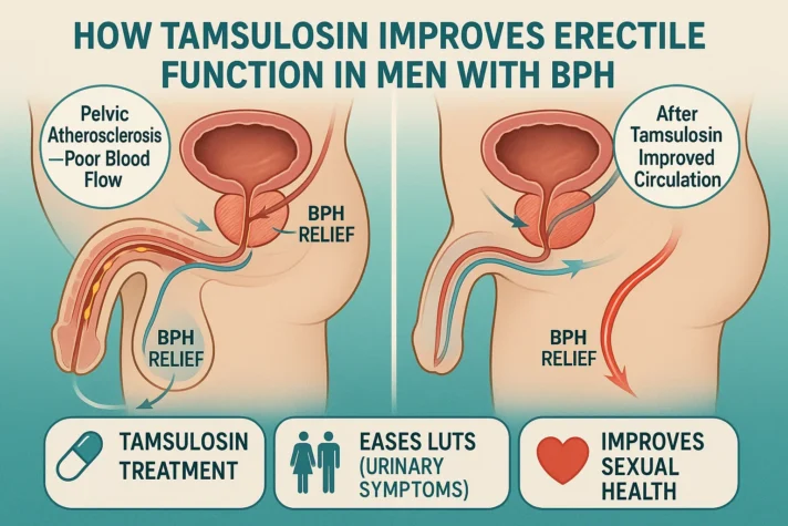 Can Tamsulosin Be Used for Erectile Dysfunction? What Studies Say 2 Infographic explaining how tamsulosin improves erectile function in men with benign prostatic hyperplasia (BPH). The left side shows poor pelvic blood flow due to atherosclerosis and BPH pressure, while the right side shows improved circulation and bladder relief after tamsulosin treatment. The bottom highlights benefits: tamsulosin treatment eases lower urinary tract symptoms (LUTS) and improves sexual health by enhancing blood flow and urinary comfort.