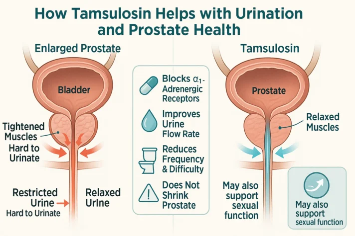Can Tamsulosin Be Used for Erectile Dysfunction? What Studies Say 3 Infographic showing how tamsulosin helps with urination and prostate health. The left side depicts an enlarged prostate pressing against the bladder and urethra, causing tightened muscles and restricted urine flow. The right side shows how tamsulosin relaxes the muscles, allowing easier urination and potential sexual function support. The center highlights key benefits: blocking α1-adrenergic receptors, improving urine flow rate, reducing frequency and difficulty of urination, and clarifying that it does not shrink the prostate.