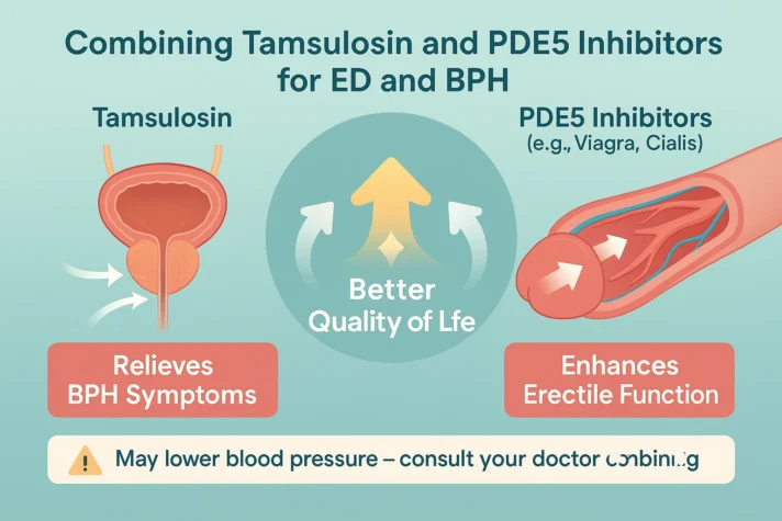 Can Tamsulosin Be Used for Erectile Dysfunction? What Studies Say 4 Infographic showing how combining Tamsulosin and PDE5 inhibitors (like Viagra or Cialis) helps men with both BPH and erectile dysfunction. The image illustrates that Tamsulosin relieves urinary symptoms by relaxing the bladder and prostate, while PDE5 inhibitors enhance erectile function by improving blood flow, leading to a better overall quality of life. A warning note at the bottom advises that this combination may lower blood pressure and should be used under medical supervision.