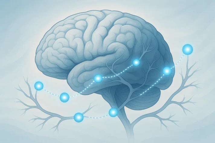 Lexapro and Erectile Dysfunction: A Complete Guide 1 Illustration of a human brain with glowing blue neurotransmitter pathways representing serotonin signals traveling between neurons, symbolizing how brain chemistry and neurotransmission affect mood and mental balance.