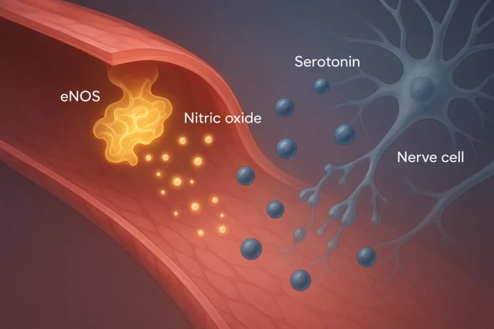 Lexapro and Erectile Dysfunction: A Complete Guide 2 Illustration showing how endothelial nitric oxide synthase (eNOS) in a blood vessel produces nitric oxide to relax the vessel, while serotonin molecules from a nearby nerve cell interact with receptors, demonstrating the connection between serotonin, nitric oxide, and erectile function