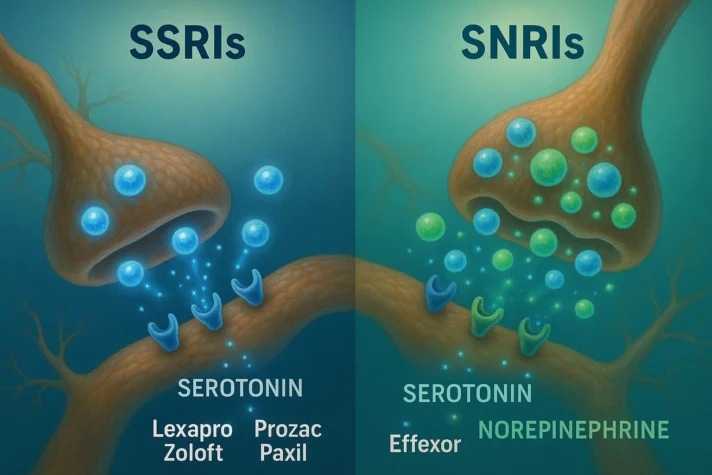 Lexapro and Erectile Dysfunction: A Complete Guide 3 "Illustration comparing how SSRIs and SNRIs work: the SSRI side shows serotonin molecules (blue) being reabsorbed by nerve cells with examples like Lexapro, Zoloft, Prozac, and Paxil; the SNRI side shows both serotonin (blue) and norepinephrine (green) molecules with examples like Effexor, highlighting their dual action on neurotransmitters."