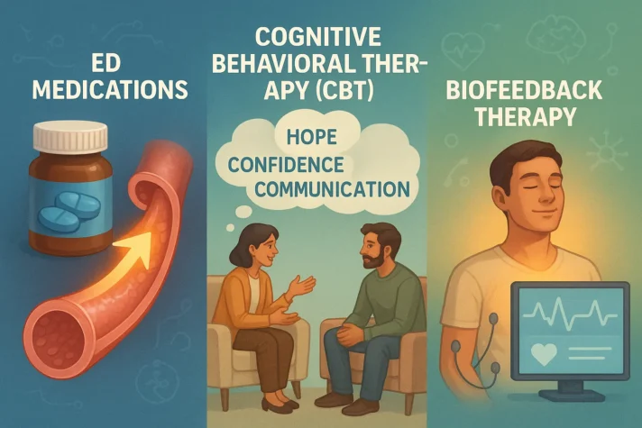 Lexapro and Erectile Dysfunction: A Complete Guide 4 Illustration depicting three treatments for erectile dysfunction: ED medications with a pill bottle and an upward arrow symbolizing improved blood flow, cognitive behavioral therapy (CBT) with a couple engaging in a conversation about hope, confidence, and communication, and biofeedback therapy with a person relaxing and monitoring their physiological responses through a screen.