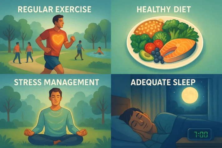Lexapro and Erectile Dysfunction: A Complete Guide 5 "Illustration showing four lifestyle habits for better health: regular exercise (jogging in a park), healthy diet (a plate with vegetables and fish), stress management (meditation), and adequate sleep (a person sleeping peacefully with a clock showing 7:00).