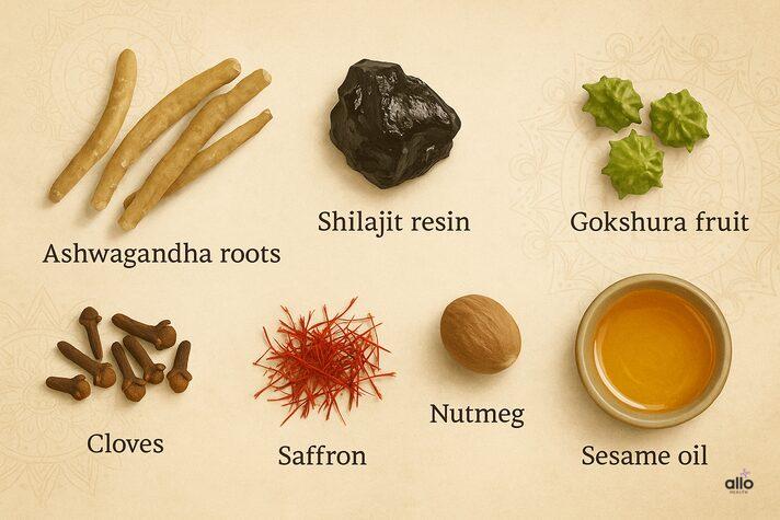सेक्स पावर बढ़ाने वाले तेल: प्रकार, फायदे और सही उपयोग 2 Ashwagandha, Shilajit, Gokshura, Clove, Saffron, Nutmeg aur Sesame oil jaise ayurvedic tatvon ka sangrah.