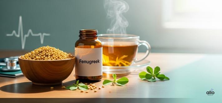 Realistic photo of fenugreek seeds, leaves, and supplement bottle on a wooden table with herbal tea in background representing natural remedy for erectile dysfunction.