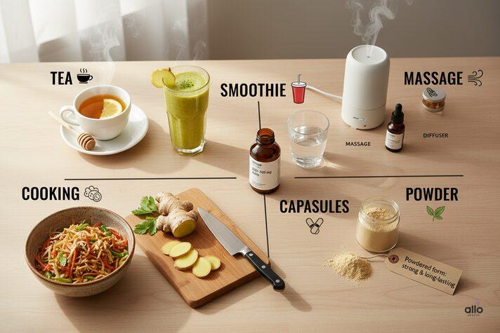 “Flat-lay image displaying different ways to use ginger for erectile dysfunction, including tea, smoothies, cooking, powder, capsules, massage oil, and diffuser, arranged neatly on a white surface.”