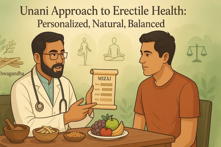 Unani Medicine for Erectile Dysfunction: Ancient Remedies Explained 2 Illustration of a Unani doctor consulting a male patient about erectile health, holding a scroll labeled “Mizaj” showing body temperaments like hot, moist, cold, and dry. Herbal bowls, fruits, and balance symbols appear around them, with the title “Unani Approach to Erectile Health: Personalized, Natural, Balanced.”