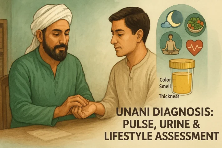 Unani Medicine for Erectile Dysfunction: Ancient Remedies Explained 3 Illustration of a Unani practitioner checking a patient’s pulse as part of diagnosis, with icons showing urine analysis (color, smell, thickness), meditation, healthy food, and heart health. The title reads “Unani Diagnosis: Pulse, Urine & Lifestyle Assessment.”
