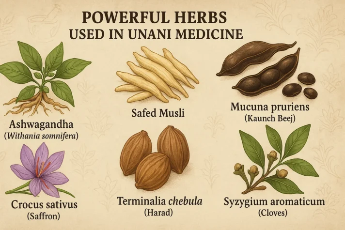 Unani Medicine for Erectile Dysfunction: Ancient Remedies Explained 4 Infographic showing six powerful herbs used in Unani medicine for erectile dysfunction — Ashwagandha (Withania somnifera), Safed Musli, Mucuna pruriens (Kaunch Beej), Crocus sativus (Saffron), Terminalia chebula (Harad), and Syzygium aromaticum (Cloves) — each illustrated with detailed botanical drawings.