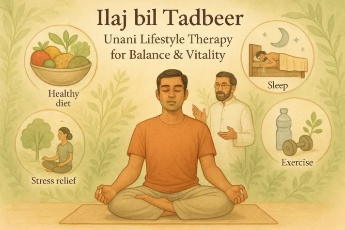Unani Medicine for Erectile Dysfunction: Ancient Remedies Explained 5 Illustration showing Unani lifestyle therapy titled “Ilaj bil Tadbeer – Unani Lifestyle Therapy for Balance & Vitality.” A man meditates calmly while a Unani doctor guides him. Surrounding icons represent a healthy diet, good sleep, exercise, and stress relief, emphasizing balance and holistic wellness.