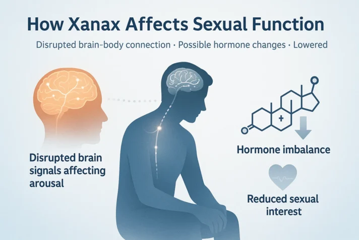 Infographic titled “How Xanax Affects Sexual Function” showing a male silhouette with a glowing brain-to-body signal pathway, a brain icon labeled “Disrupted brain signals affecting arousal,” a hormone molecule icon with a downward arrow labeled “Hormone imbalance,” and a heart icon labeled “Reduced sexual interest.”