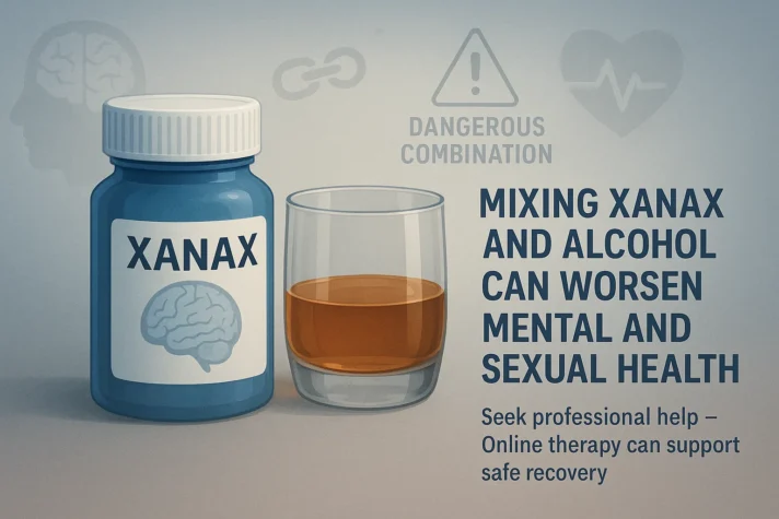 Infographic showing a blue Xanax bottle beside a glass of alcohol with the warning “Dangerous Combination.” The text reads, “Mixing Xanax and alcohol can worsen mental and sexual health. Seek professional help – Online therapy can support safe recovery.” Background includes faded icons of a brain, broken chain, and heart.