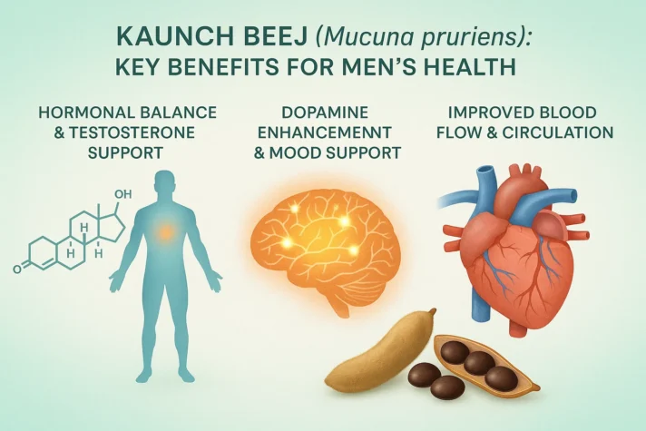 Kaunch Beej and Erectile Dysfunction: Uses, Benefits, and Impact on Sexual Health 2 “Infographic showing Kaunch Beej (Mucuna pruriens) benefits for men’s health — supports testosterone and hormonal balance, boosts dopamine and mood, and improves blood flow and circulation with illustrations of hormone molecule, brain, and heart.”