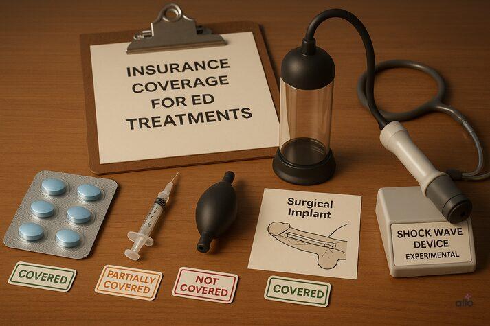 Does Health Insurance Cover Erectile Dysfunction Treatments? 3 A doctor’s desk showing various ED treatment options with coverage labels for insurance clarity.