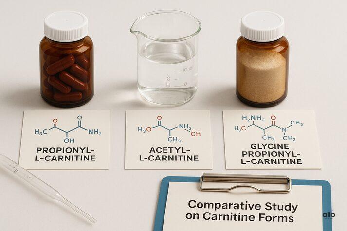 Propionyl-L-Carnitine for Erectile Dysfunction: Benefits and Sexual Effects 1 A realistic flat-lay of labeled supplement bottles and lab notes comparing Propionyl-L-Carnitine, Acetyl-L-Carnitine, and Glycine Propionyl-L-Carnitine, symbolizing research on their different health effects.