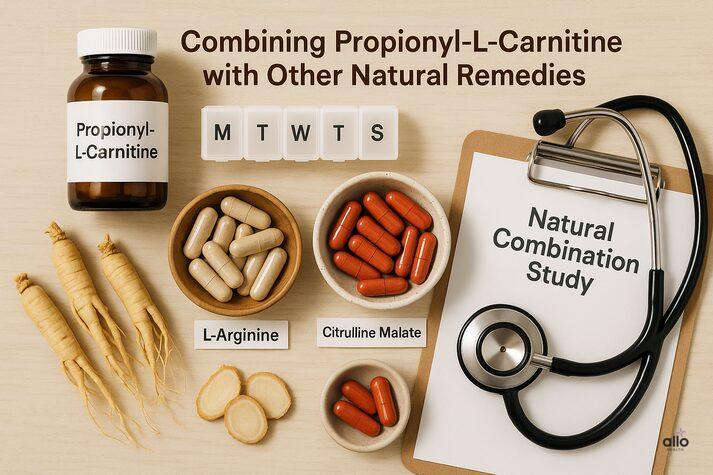 Propionyl-L-Carnitine for Erectile Dysfunction: Benefits and Sexual Effects 2 A realistic flat-lay of Propionyl-L-Carnitine, L-Arginine, Citrulline Malate, and Panax ginseng supplements on a clean surface, symbolizing natural combinations that support erectile and cardiovascular health