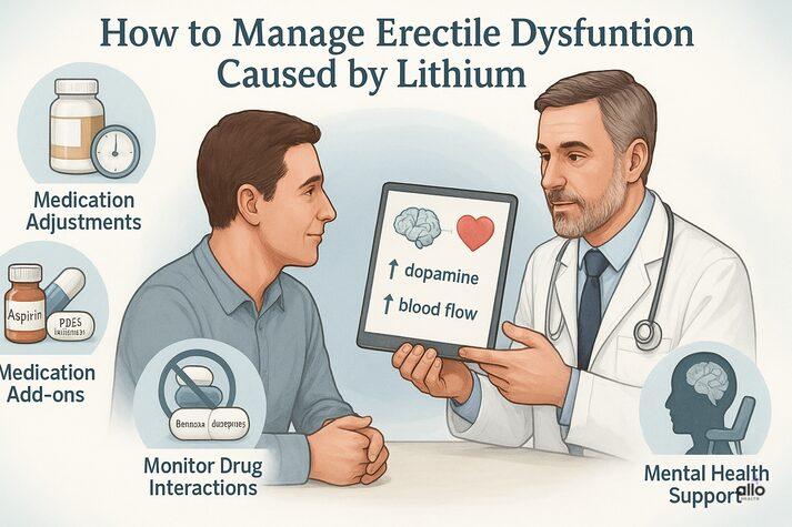 Lithium and Erectile Dysfunction: Causes, Risks & Solutions 3 “Medical illustration of a doctor explaining to a male patient how to manage lithium-related erectile dysfunction through medication adjustments, add-ons like aspirin or PDE5 inhibitors, monitoring drug interactions, and mental health support.”