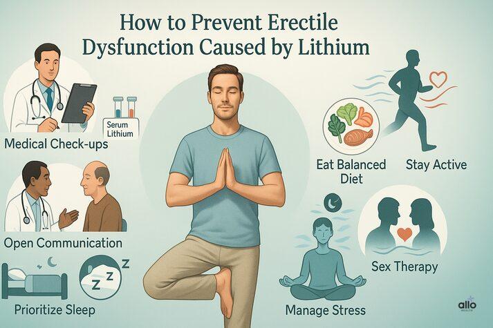 Lithium and Erectile Dysfunction: Causes, Risks & Solutions 4 “Health infographic showing ways to prevent erectile dysfunction caused by lithium, including regular medical check-ups, open communication with doctors, exercise, balanced diet, good sleep, stress management, and sex therapy.”