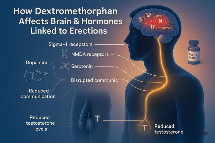 Dextromethorphan and Erectile Dysfunction: Cough Syrup Side Effects on Sexual Health 2 Diagram showing how dextromethorphan affects the brain’s sigma-1 and NMDA receptors, disrupting serotonin, dopamine, and testosterone pathways linked to erections.