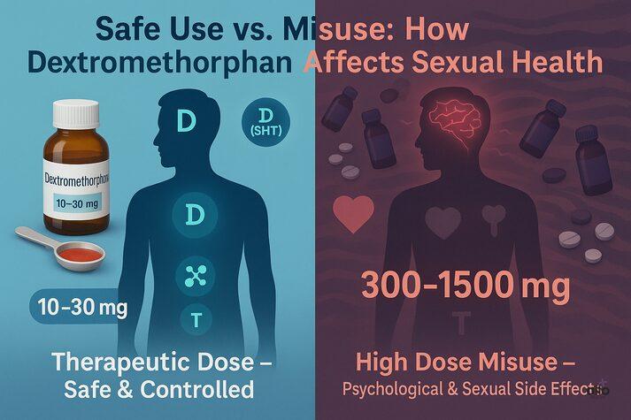 Dextromethorphan and Erectile Dysfunction: Cough Syrup Side Effects on Sexual Health 3 Infographic comparing safe versus high-dose misuse of dextromethorphan, showing how therapeutic doses are safe while high doses can cause psychological and sexual side effects.