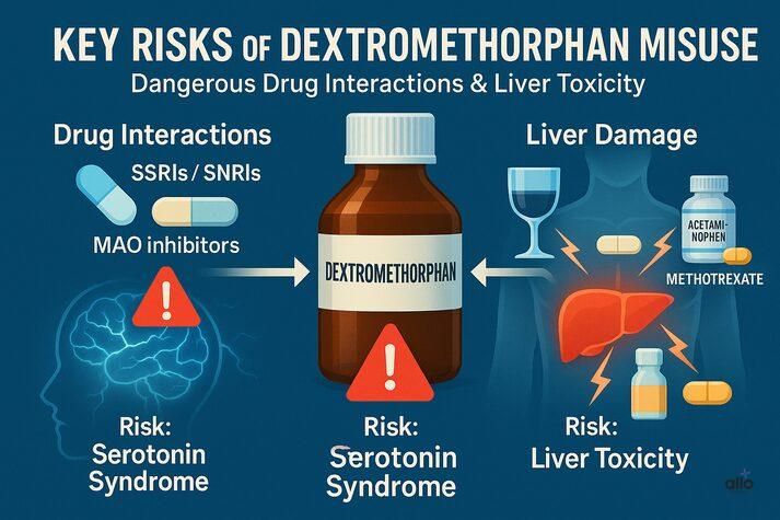 Dextromethorphan and Erectile Dysfunction: Cough Syrup Side Effects on Sexual Health 4 Illustration showing drug interactions and liver toxicity risks of dextromethorphan misuse, highlighting serotonin syndrome and liver damage.