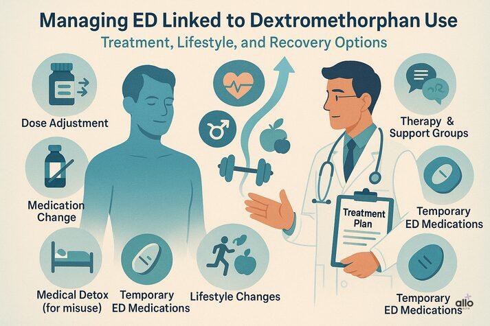 Dextromethorphan and Erectile Dysfunction: Cough Syrup Side Effects on Sexual Health 5 Doctor explaining treatment options for erectile dysfunction linked to dextromethorphan misuse, including lifestyle changes, medical detox, and ED medications.