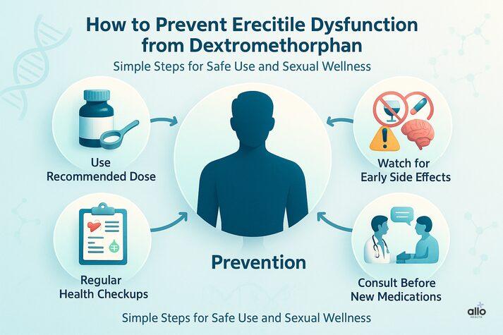 Dextromethorphan and Erectile Dysfunction: Cough Syrup Side Effects on Sexual Health 6 Medical infographic showing prevention tips for erectile dysfunction caused by dextromethorphan, including safe dosing, checkups, and avoiding drug interactions.