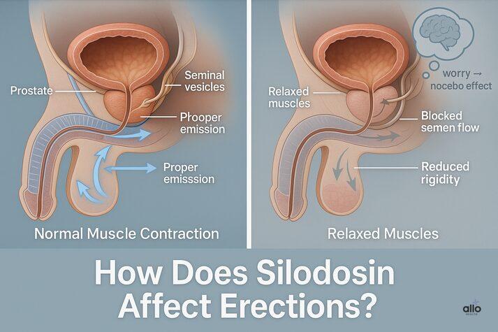 Silodosin and Erectile Dysfunction: How Silodosin Affects Sexual Performance 3 “3D anatomical diagram comparing normal muscle contraction and relaxed muscles under Silodosin, showing blocked semen flow, reduced rigidity, and nocebo effect on erections.”