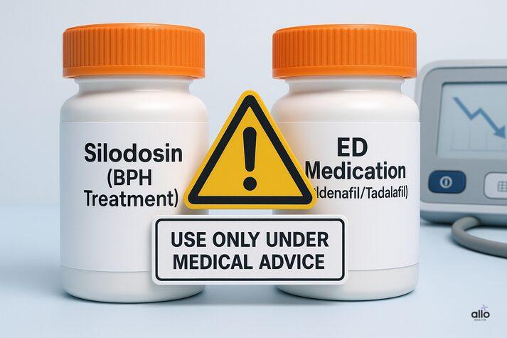 Silodosin and Erectile Dysfunction: How Silodosin Affects Sexual Performance 4 “Medical image showing Silodosin and erectile dysfunction medication bottles side by side with a caution sign reading ‘Use only under medical advice,’ warning about blood pressure risks.”