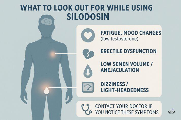 Silodosin and Erectile Dysfunction: How Silodosin Affects Sexual Performance 5 “Infographic showing symptoms to watch for while taking Silodosin, including fatigue, mood changes, erectile dysfunction, low semen volume, and dizziness.”