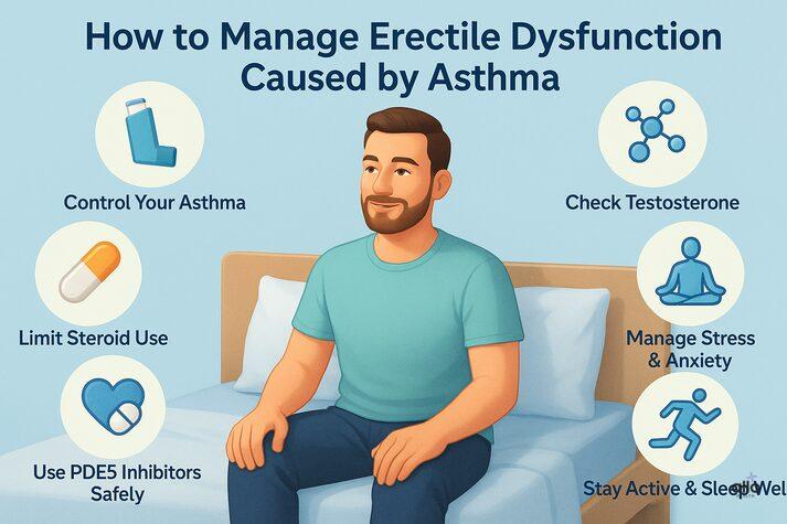 “Infographic showing lifestyle and medical strategies to manage erectile dysfunction in men with asthma, including controlling asthma, managing stress, and checking testosterone.”