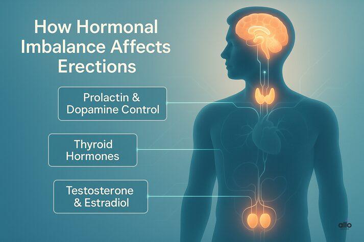 Hormonal Imbalance and Erectile Dysfunction: Understanding the Link 2 “Medical illustration of the male endocrine system showing brain, thyroid, and testes labeled with prolactin, dopamine, thyroid hormones, testosterone, and estradiol — explaining how hormonal imbalance affects erections.”