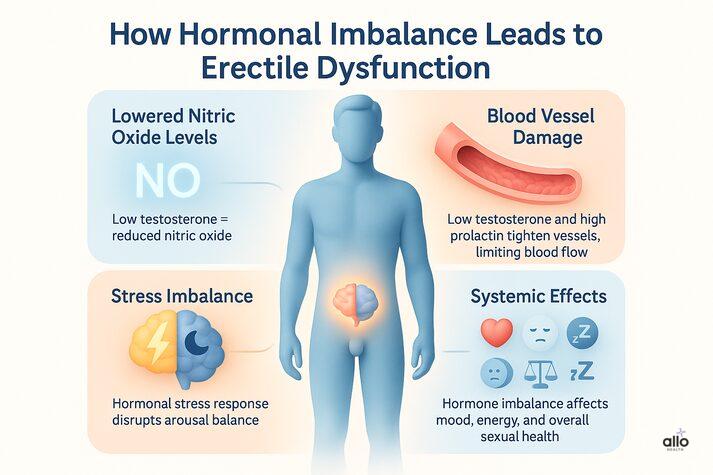 Hormonal Imbalance and Erectile Dysfunction: Understanding the Link 3 “Infographic showing four causes of erectile dysfunction from hormonal imbalance — lowered nitric oxide, blood vessel damage, stress imbalance, and systemic effects on mood, heart, and energy.”